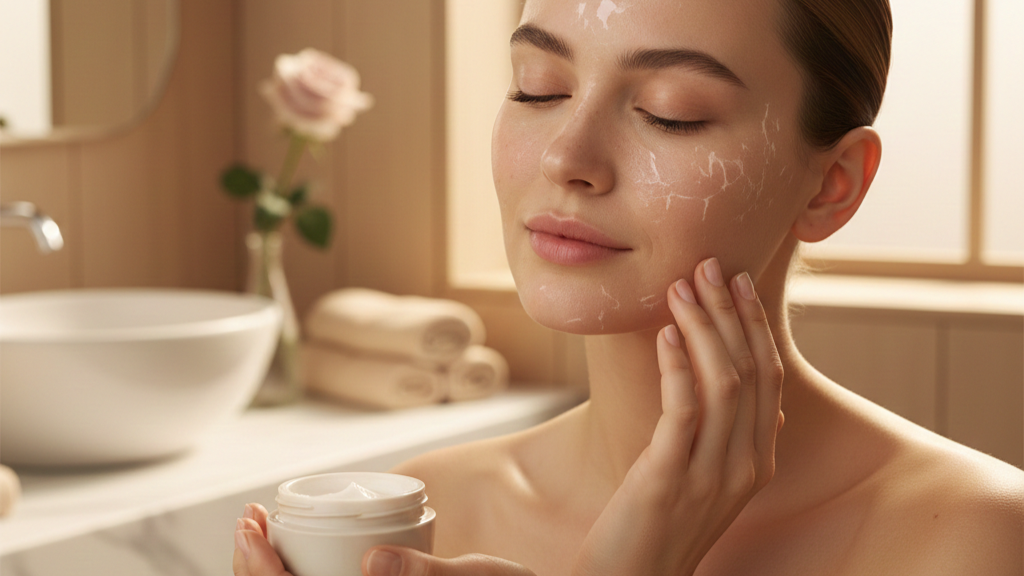 Femme s'appliquant une crème hydratante sur le visage avec un effet visuel de craquelures symbolisant la peau sèche