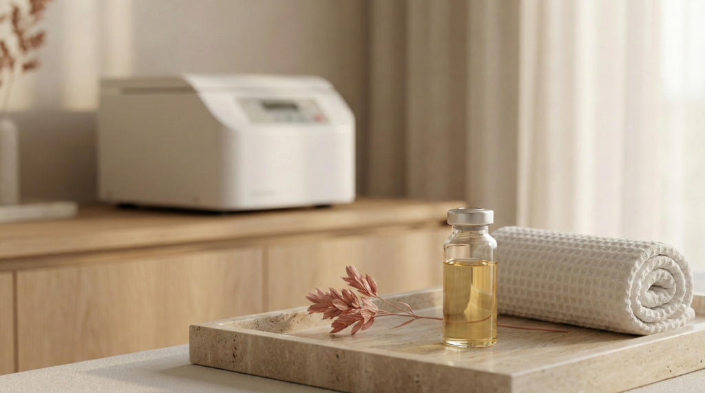 Vial en verre de sérum de couleur ambre avec bouchon gris et serviette roulée, posés sur un plateau en marbre clair dans un contexte de clinique esthétique, illustrant la préparation d'un traitement esthétique comme le PRP.