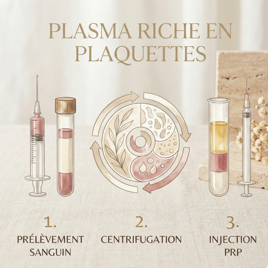 Schéma didactique des 3 étapes d'un traitement par Plasma Riche en Plaquettes (PRP) : 1. Prélèvement sanguin, 2. Centrifugation du sang, 3. Injection du PRP.