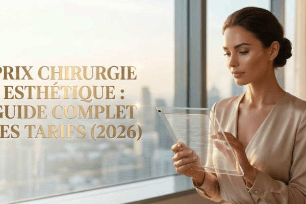 Femme élégante consultant une tablette transparente dans un bureau lumineux, illustrant le guide des tarifs de chirurgie esthétique.