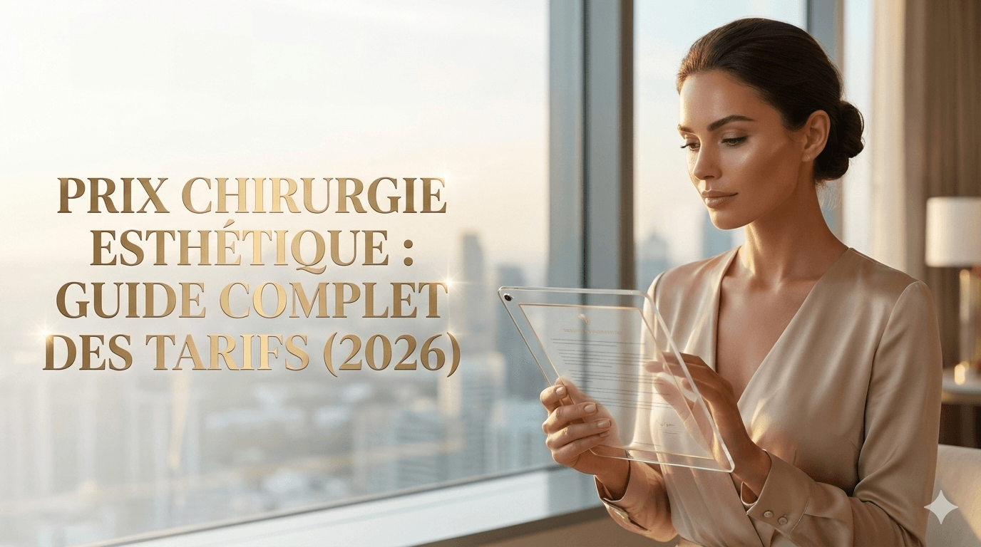 Femme élégante consultant une tablette transparente dans un bureau lumineux, illustrant le guide des tarifs de chirurgie esthétique.