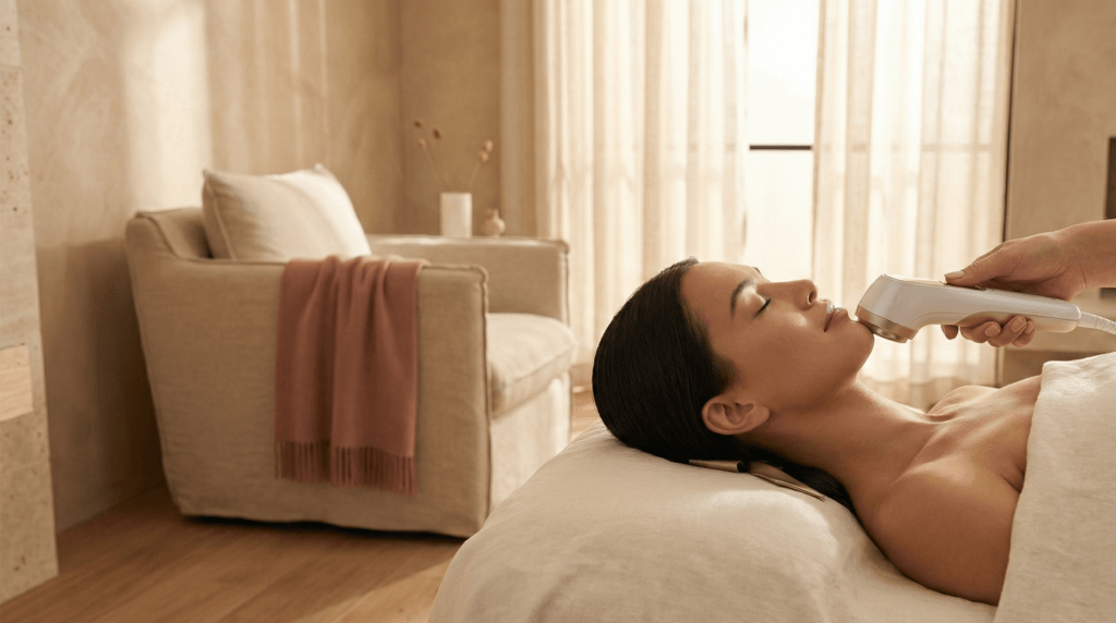 Application d'un appareil de radiofréquence sur le menton d'une femme pour le raffermissement cutané