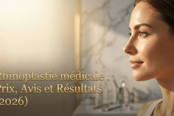 Portrait d'une femme souriante de profil illustrant un article sur la rhinoplastie médicale, avec une lumière dorée et le titre en surimpression.