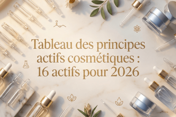 Composition à plat de sérums et ampoules illustrant les principes actifs cosmétiques