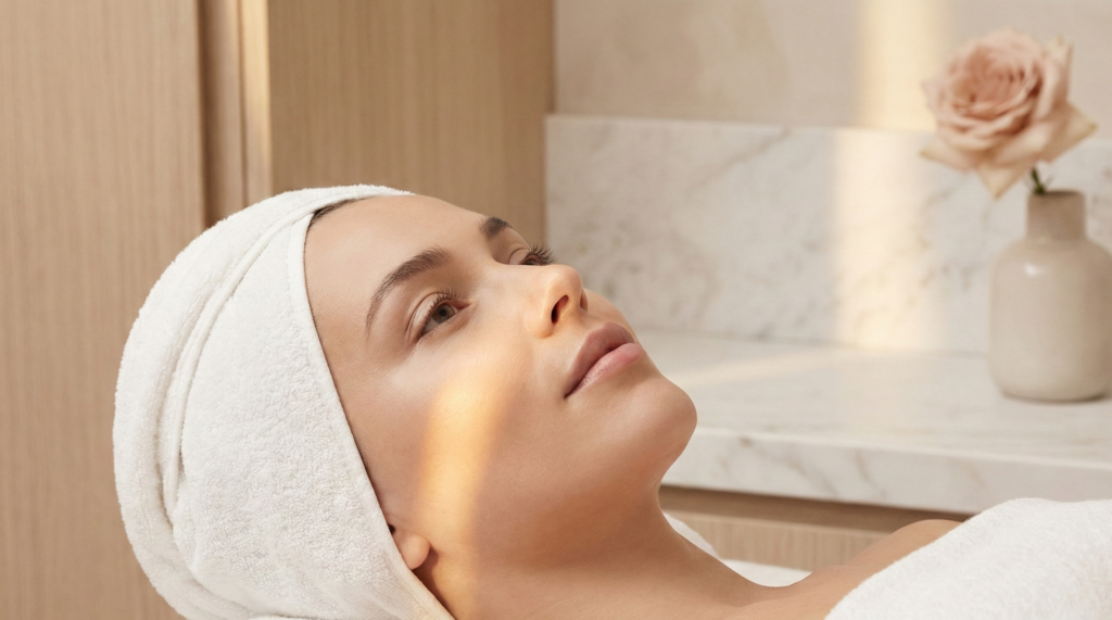 Tache brune et laser Femme détendue avec une serviette sur les cheveux en attente d'un soin dermatologique anti-tâches