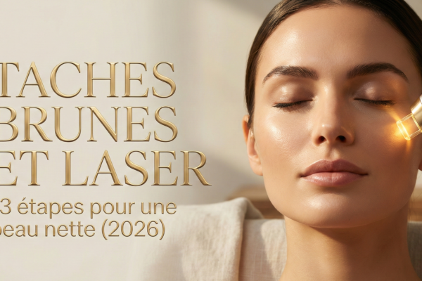Application d'un laser dermatologique sur le visage d'une femme et titre : Taches brunes et laser, 3 étapes pour une peau nette (2026)
