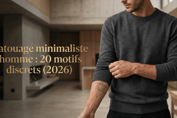 Homme relevant sa manche pour révéler un tatouage géométrique sur l'avant-bras, illustrant un motif minimaliste et discret pour homme.