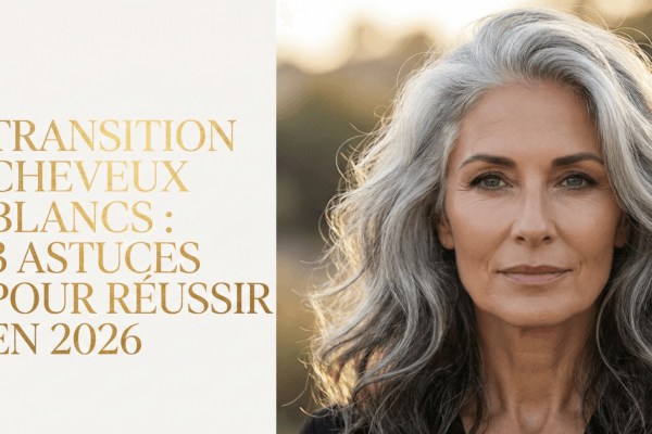 Femme élégante aux longs cheveux blancs naturels et volumineux