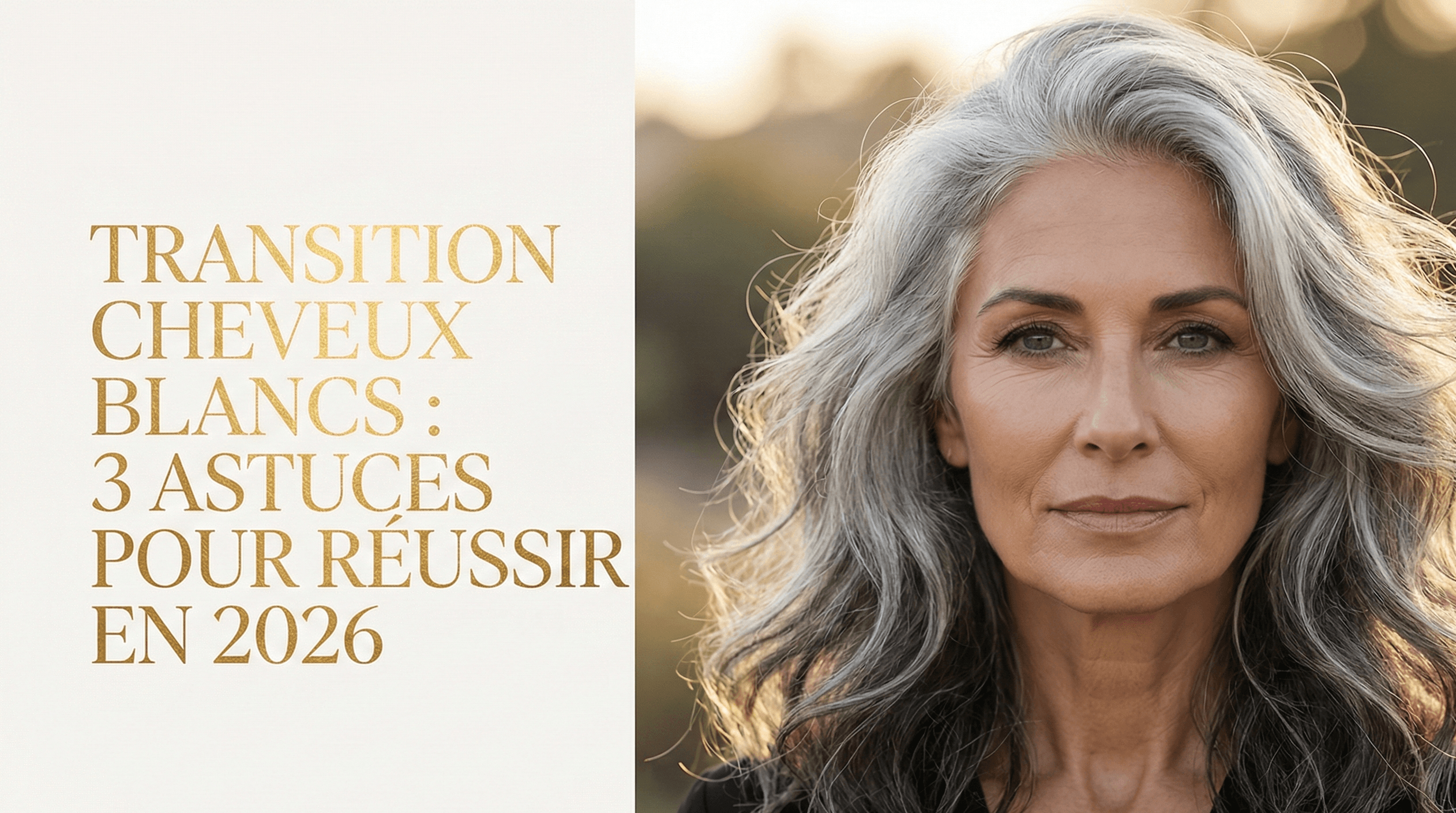 Femme élégante aux longs cheveux blancs naturels et volumineux