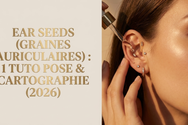 Gros plan sur une oreille féminine ornée de graines auriculaires dorées et strass