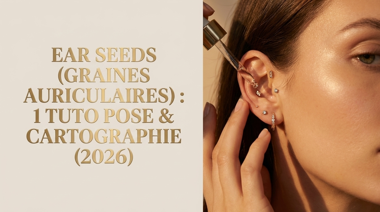 Gros plan sur une oreille féminine ornée de graines auriculaires dorées et strass