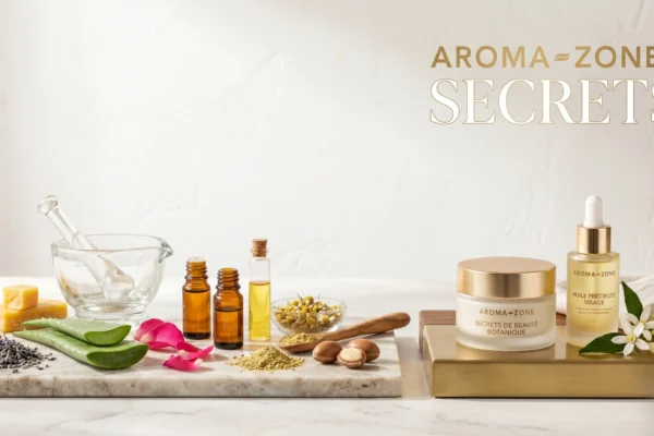 Composition éditoriale sur les secrets de soin Aroma-Zone selon les dermatologues.