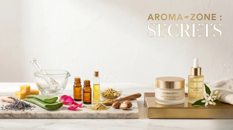 Composition éditoriale sur les secrets de soin Aroma-Zone selon les dermatologues.