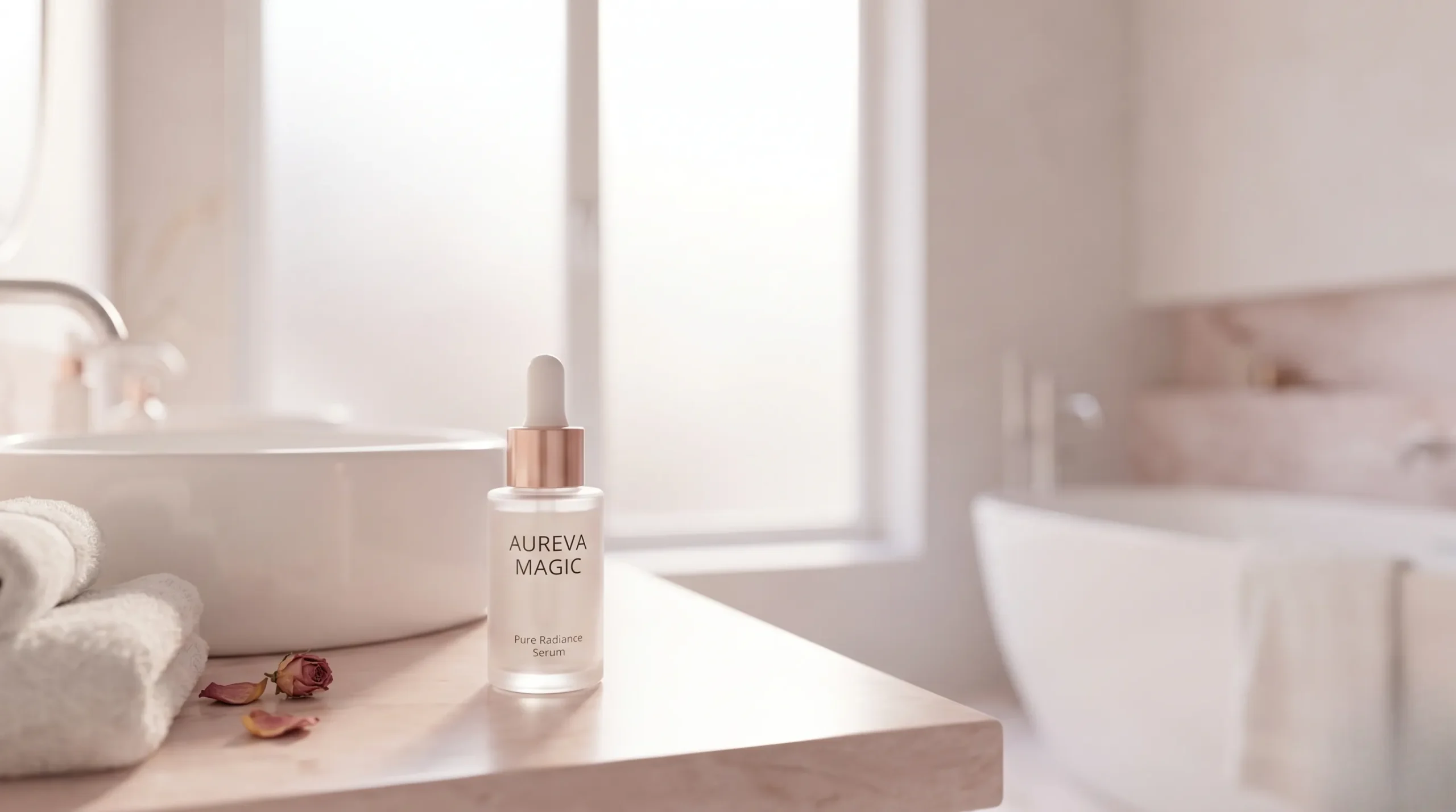 Sérum Aureva Magic dans une ambiance de salle de bain de rêve et éthérée. Aureva magic avis dermatologue