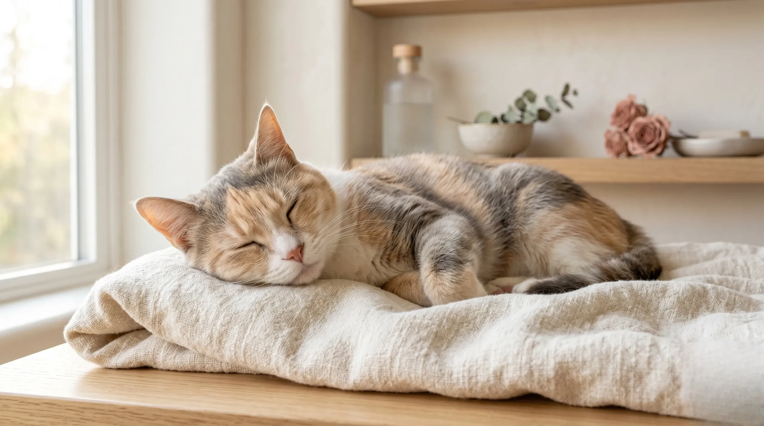 Un chat serein à la morphologie atypique allongé sur une serviette en lin crème dans un décor de spa épuré et lumineux. Chat trisomique