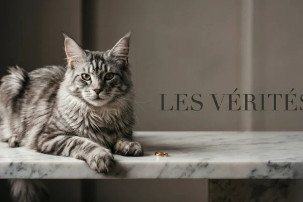 Photographie éditoriale de mode d'un chat au regard singulier et doux sur un plan en marbre blanc avec l'inscription graphique LES VÉRITÉS.