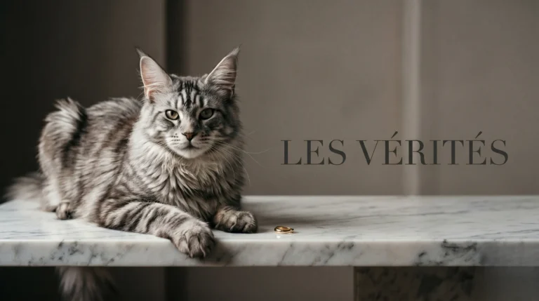 Photographie éditoriale de mode d'un chat au regard singulier et doux sur un plan en marbre blanc avec l'inscription graphique LES VÉRITÉS.