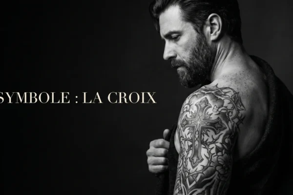 Portrait éditorial dramatique en noir et blanc d'un tatouage de croix.