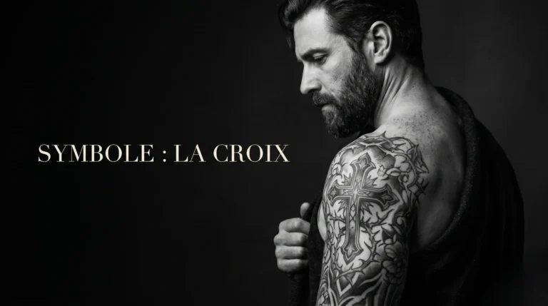 Portrait éditorial dramatique en noir et blanc d'un tatouage de croix.