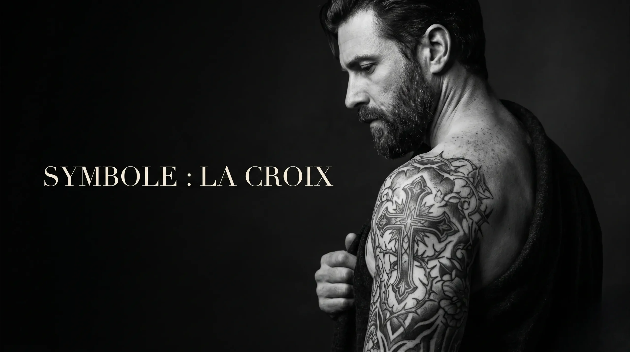 Portrait éditorial dramatique en noir et blanc d'un tatouage de croix.