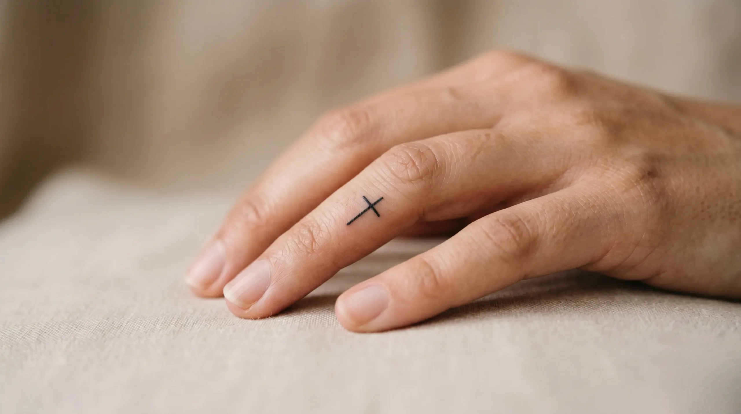 Petit tatouage de croix minimaliste et élégant sur un doigt. Croix tatouage