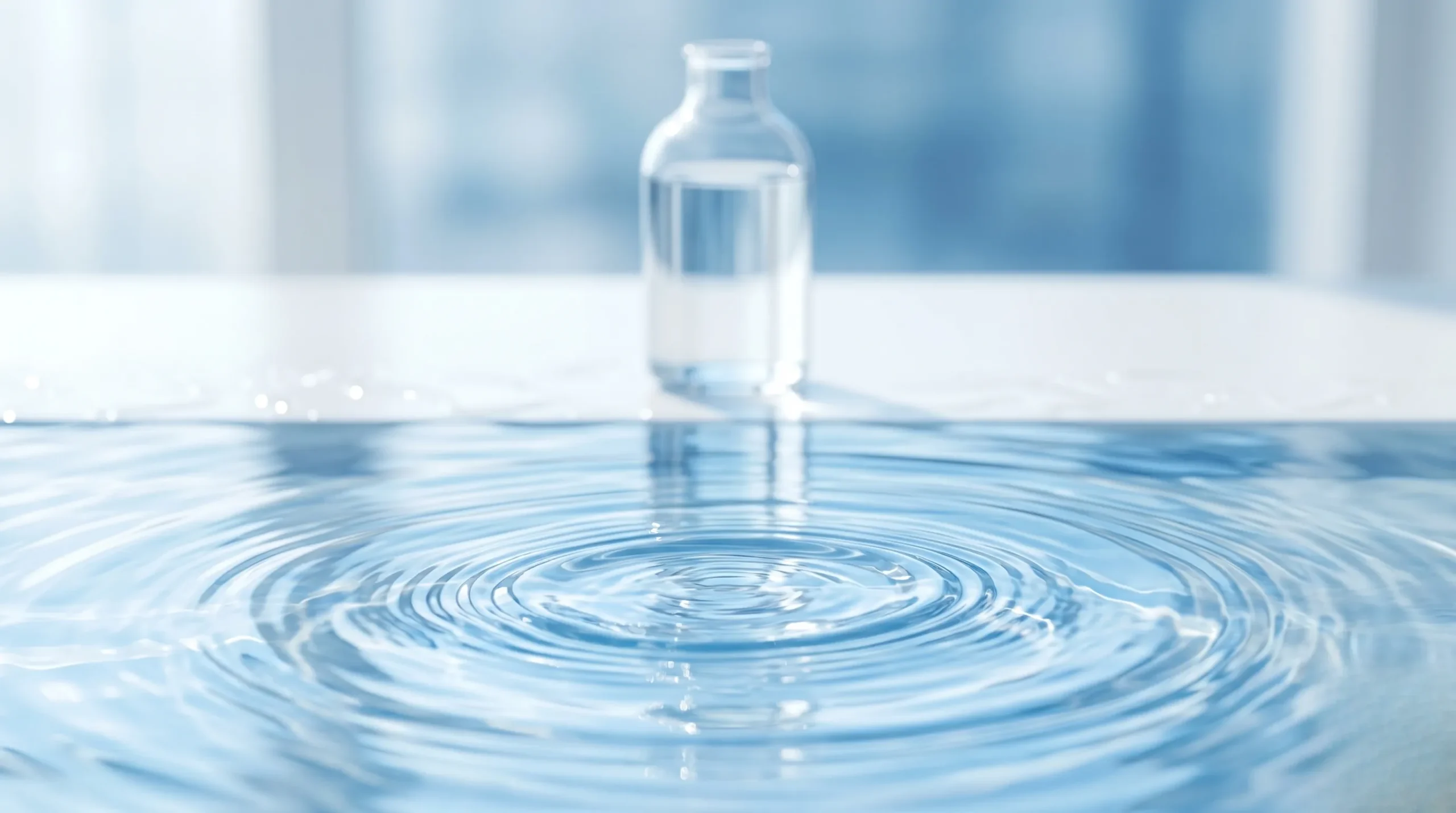 Ondulations d'eau pure évoquant la fraîcheur de l'Eau Précieuse dans un cadre minimaliste. Eau précieuse avis dermatologue