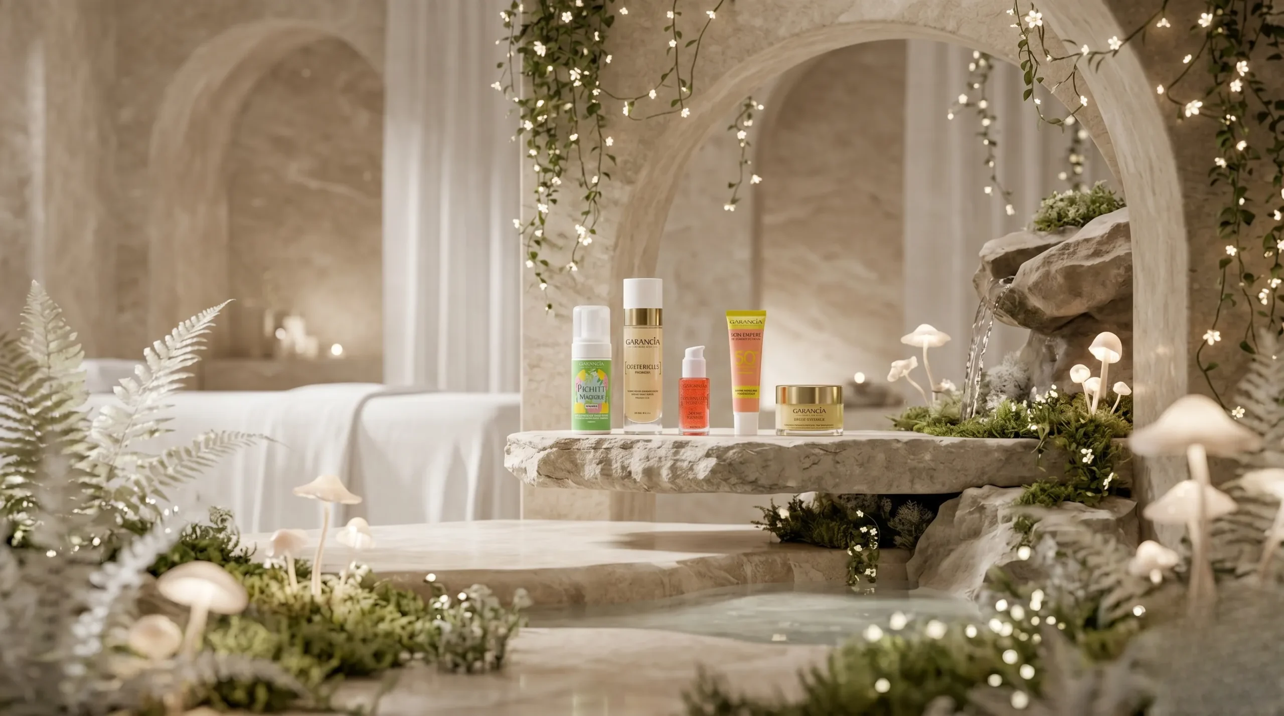 Produits Garancia dans un décor de spa botanique luxueux et mystérieux. Garancia avis dermatologue