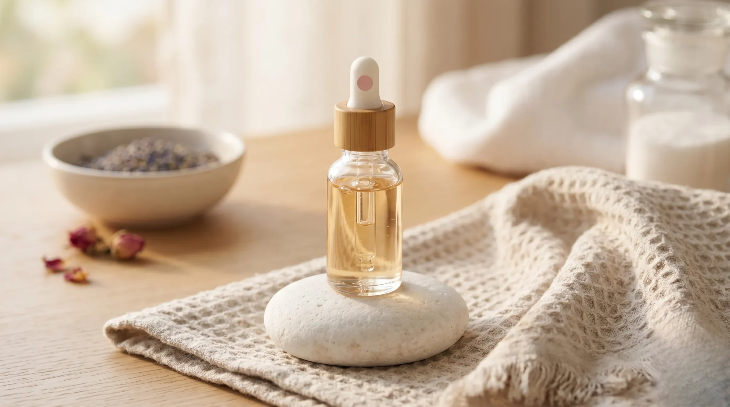 Flacon compte-gouttes d'huile essentielle relaxante posé sur une pierre blanche lisse pour calmer l'anxiété dans une ambiance spa. Crise d'angoisse