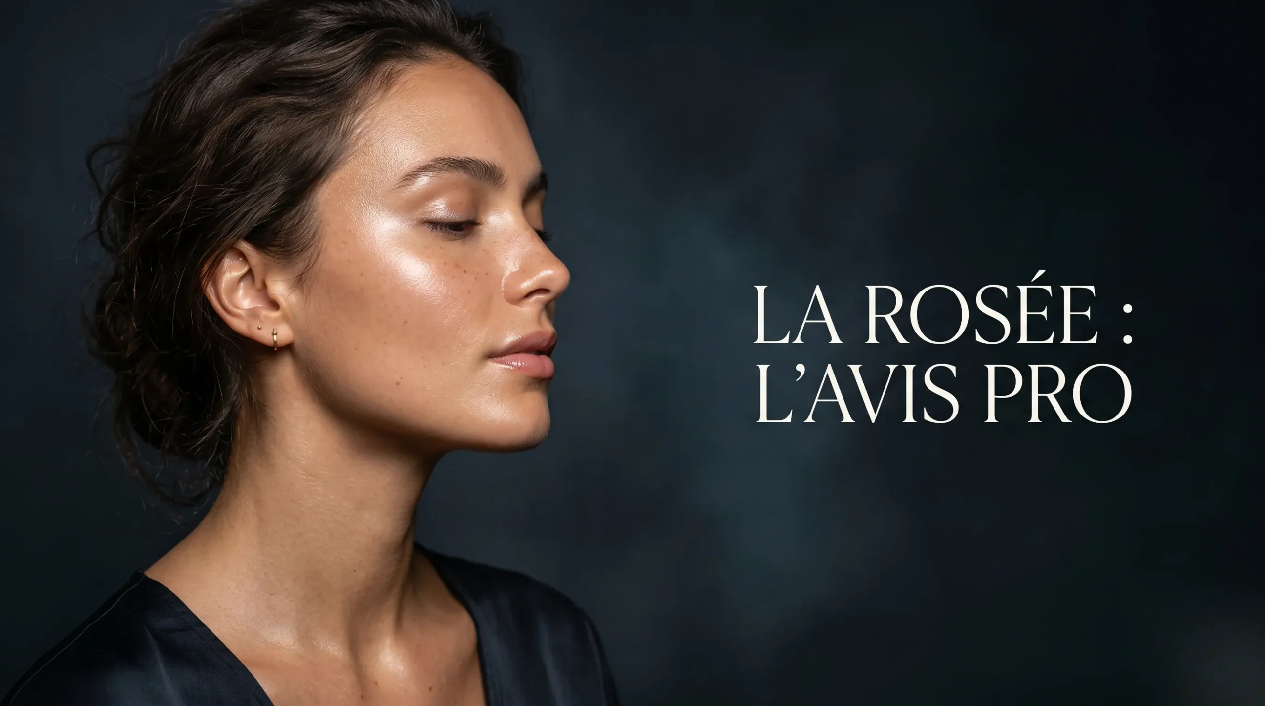 Portrait éditorial d'une peau éclatante pour un avis dermatologue sur La Rosée.
