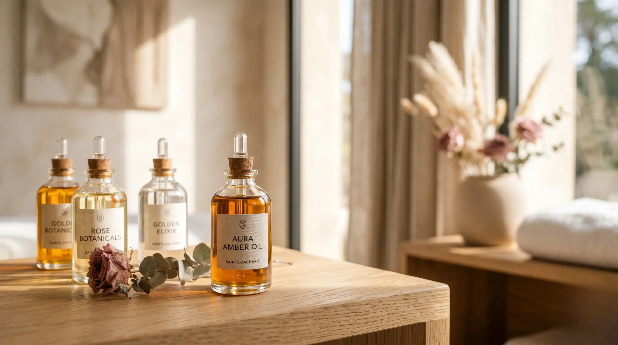 Produits de soin La Rosée dans une ambiance spa minimaliste et luxueuse aux tons beiges et bois clair. La rosée avis dermatologue