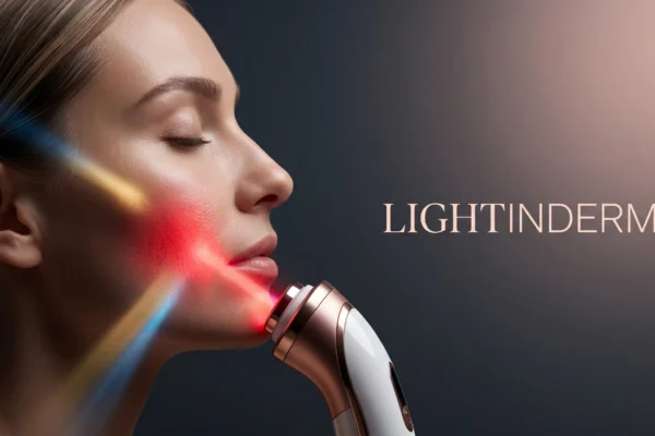 Gros plan sur une séance de luminothérapie Lightinderm en studio professionnel.