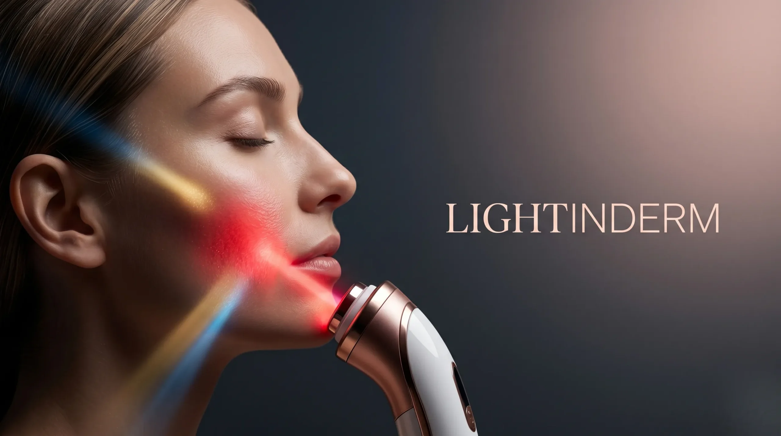 Gros plan sur une séance de luminothérapie Lightinderm en studio professionnel.