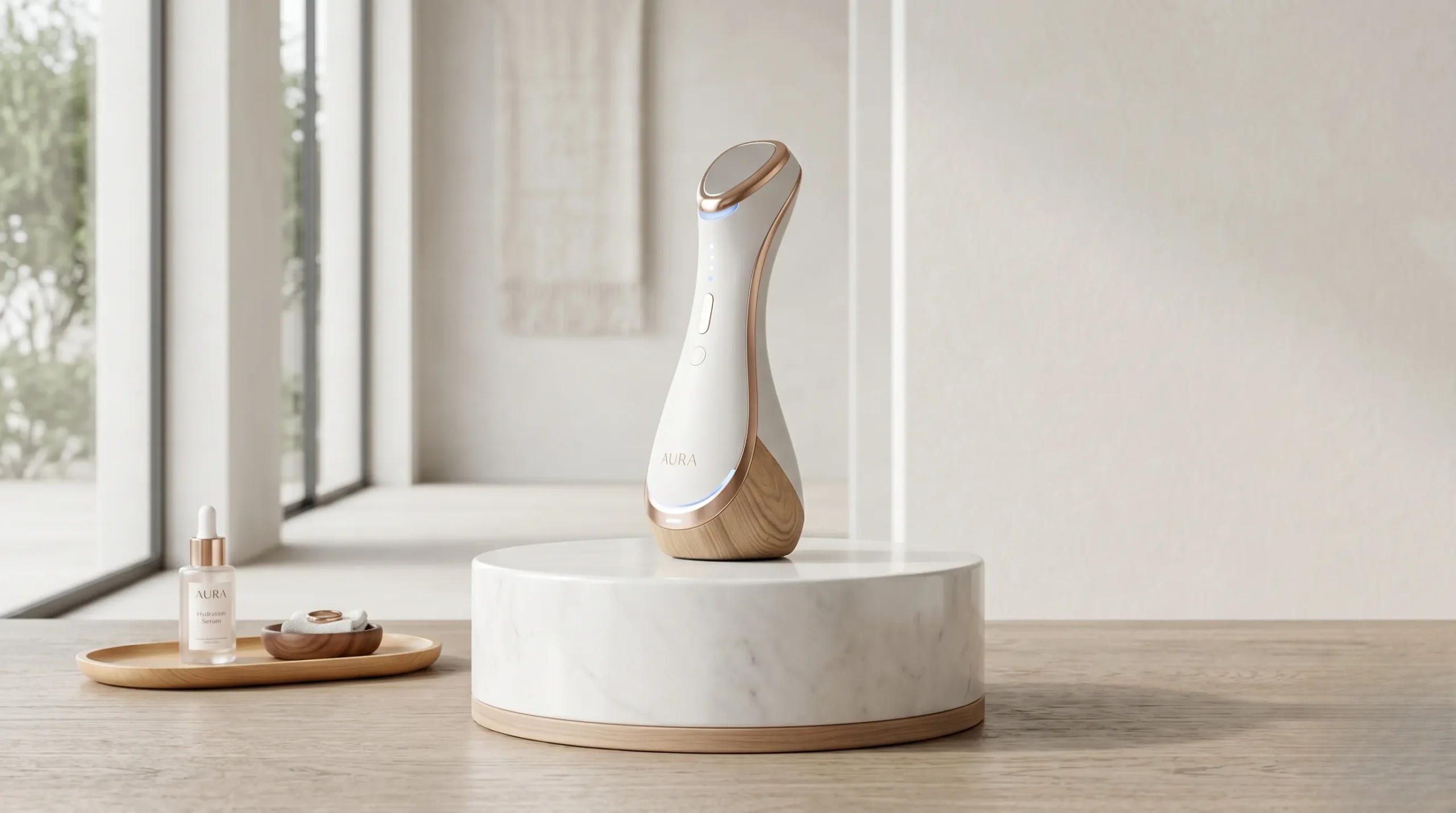 Appareil technologique Lightinderm présenté dans un écrin de luxe minimaliste. Lightinderm avis dermatologue