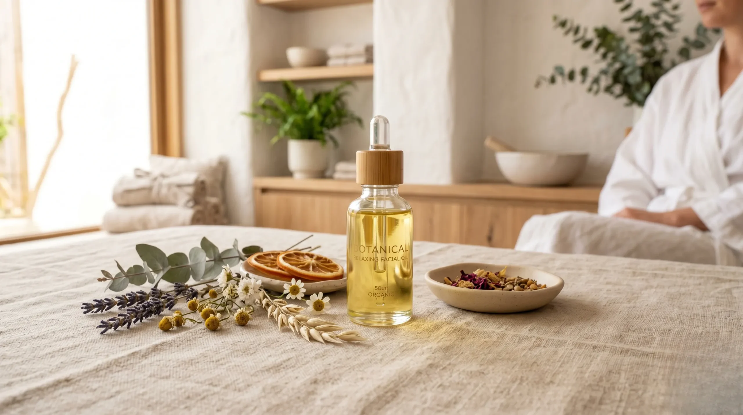 Ambiance spa luxueuse avec une huile de soin Nuxe sur du lin beige. Nuxe avis dermatologue