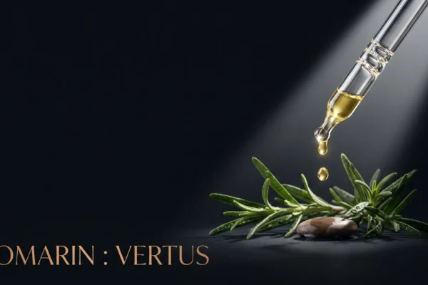 Gouttes d'huile essentielle de romarin capturées avec un éclairage dramatique éditorial.