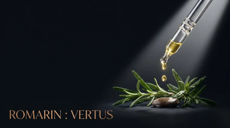 Gouttes d'huile essentielle de romarin capturées avec un éclairage dramatique éditorial.