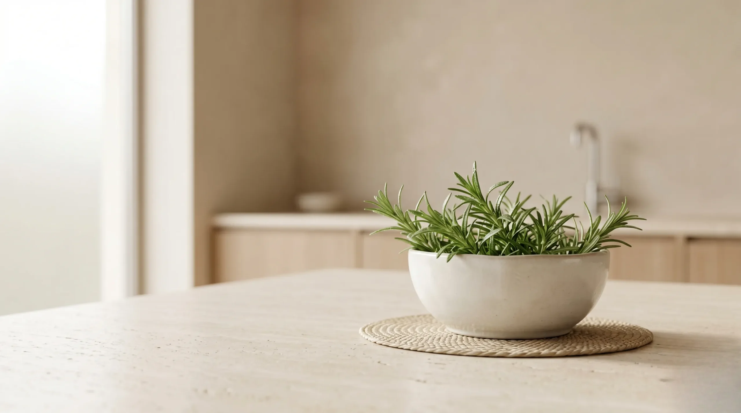 Branches de romarin frais dans un bol en porcelaine sur fond neutre. Romarin bienfaits