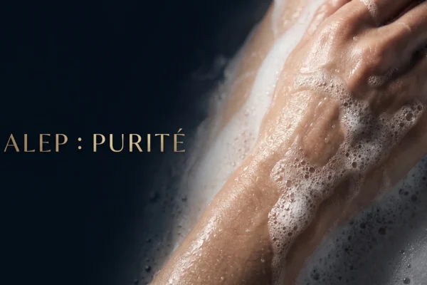 Savon d'Alep traditionnel présenté sur un plateau en bois dans une ambiance spa épurée.