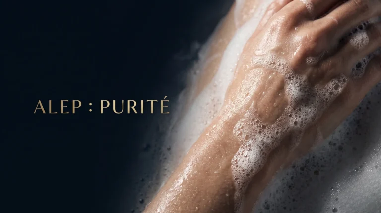 Savon d'Alep traditionnel présenté sur un plateau en bois dans une ambiance spa épurée.
