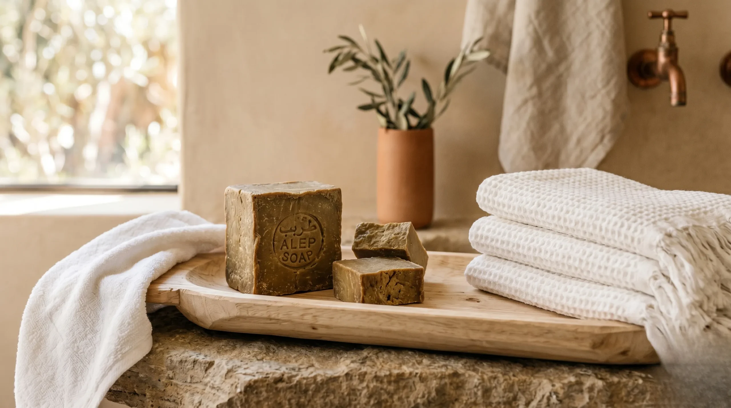 Gros plan éditorial sur la texture du savon d'Alep pour un article sur la santé de la peau. Savon d'alep avis dermatologue