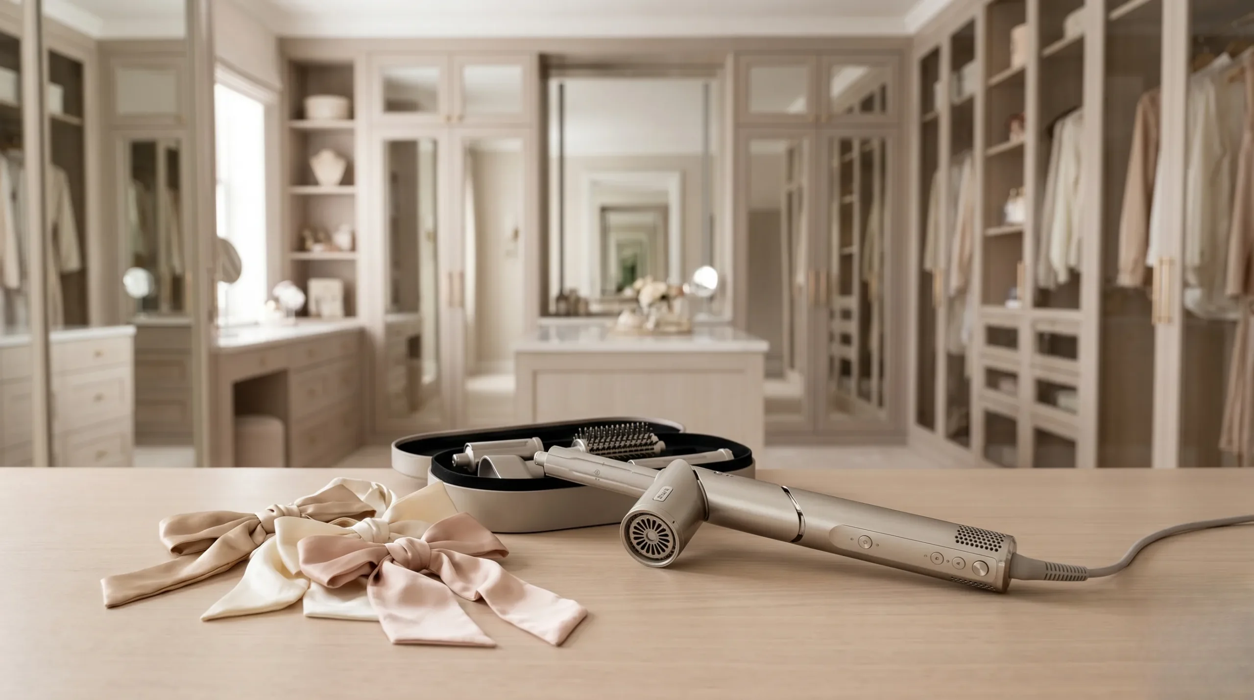 Le styler Shark Flexstyle posé sur une coiffeuse luxueuse en bois clair. Shark flexstyle 