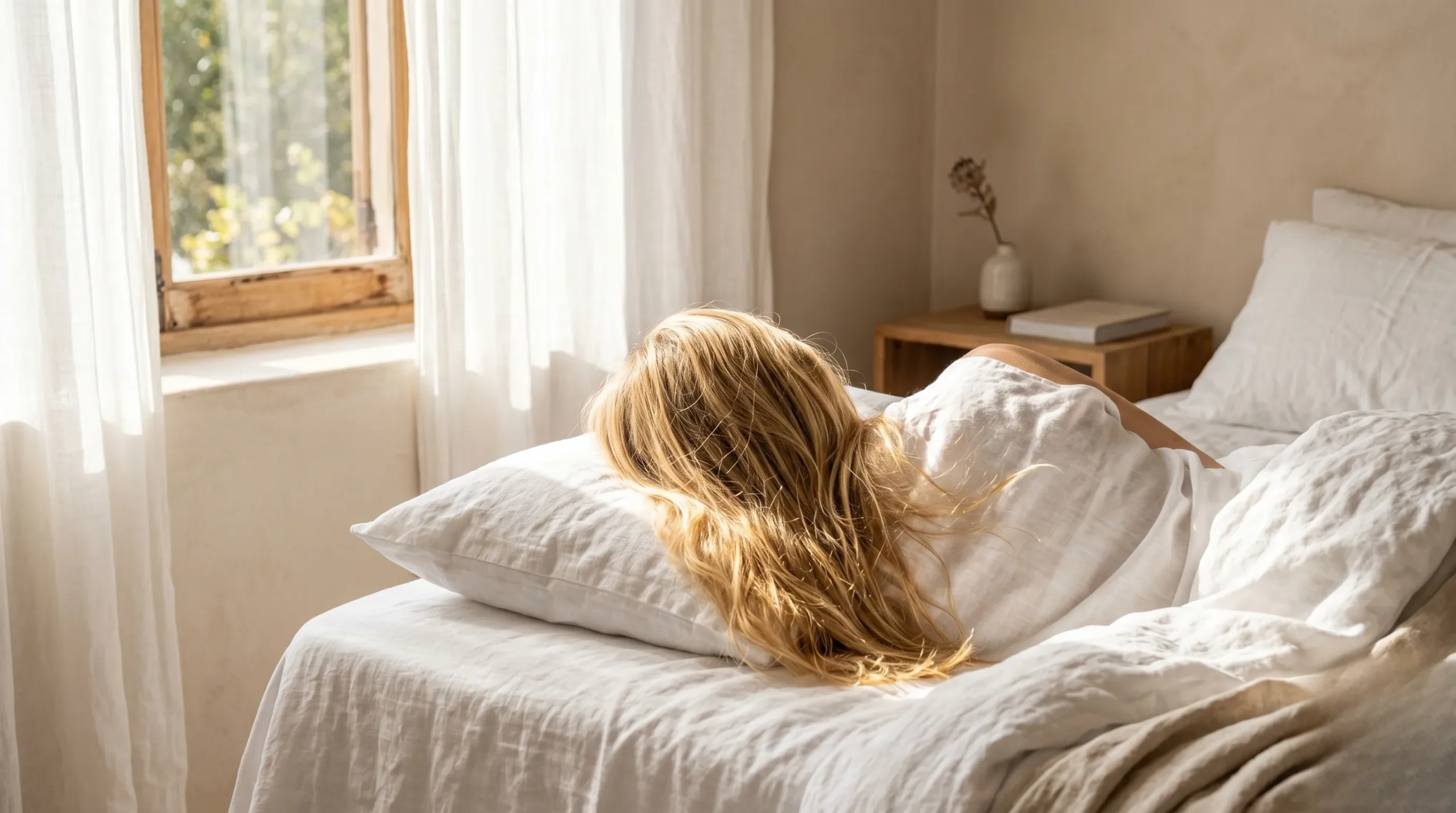 Mèches de cheveux blonds illuminées par le soleil dans un intérieur minimaliste. Spray eclaircissant cheveux