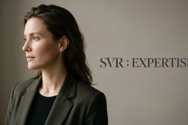 Photographie de mode sophistiquée mettant en avant l'expertise dermatologique SVR.