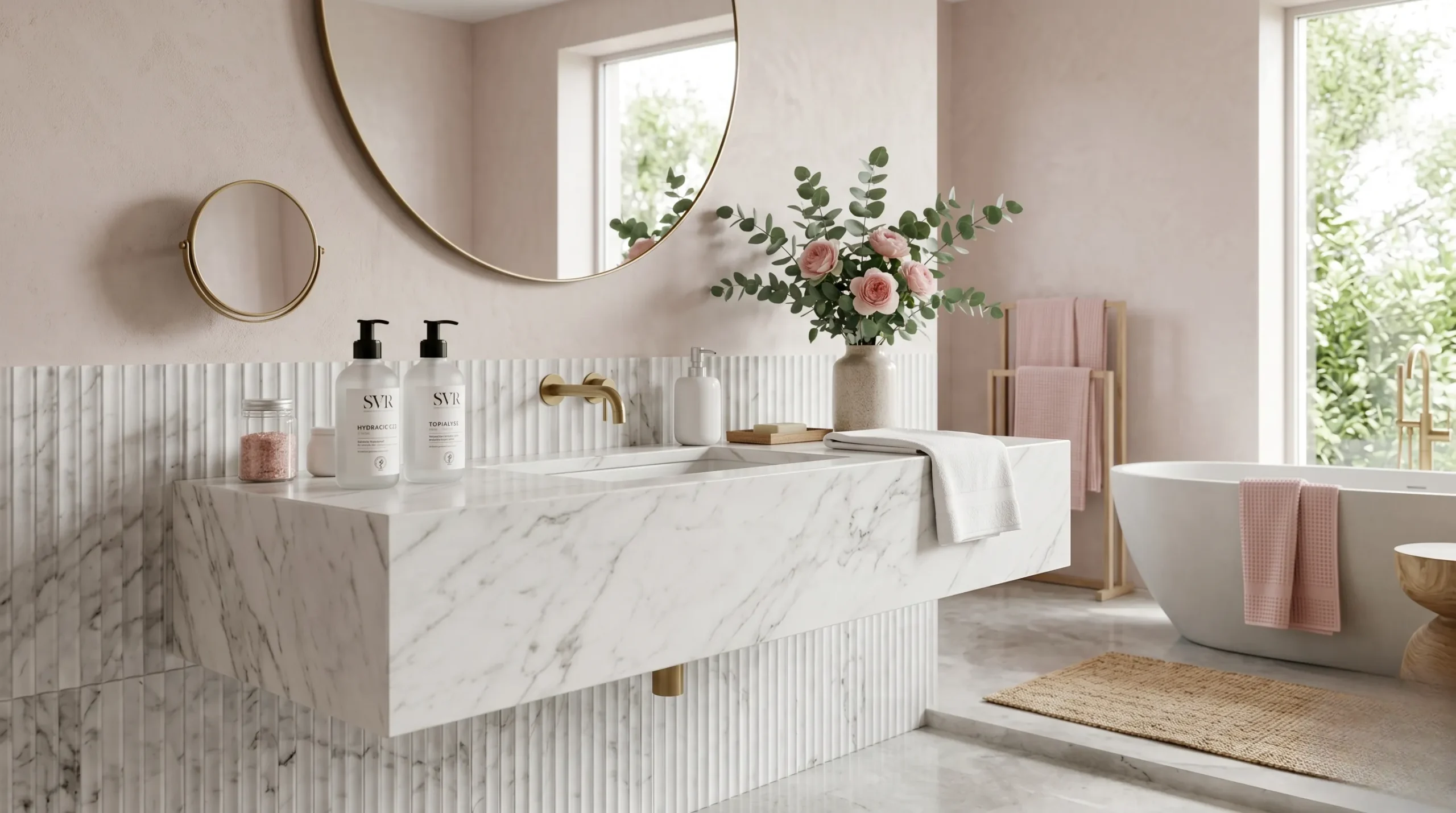 Flacons de cosmétiques SVR sur un plan de travail en marbre blanc dans un environnement zen. svr avis dermatologue