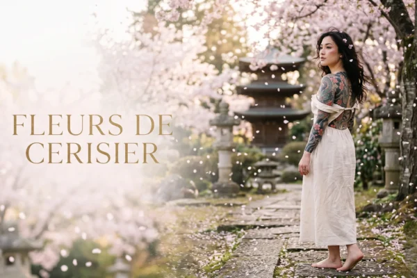 Composition éditoriale poétique avec fleurs de cerisier et tatouage artistique.