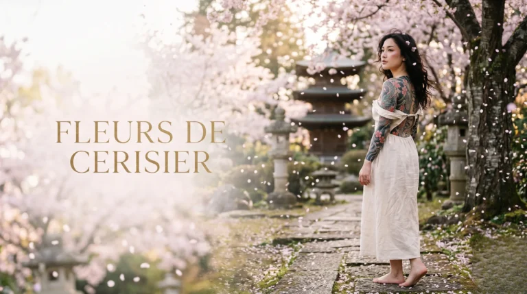 Composition éditoriale poétique avec fleurs de cerisier et tatouage artistique.