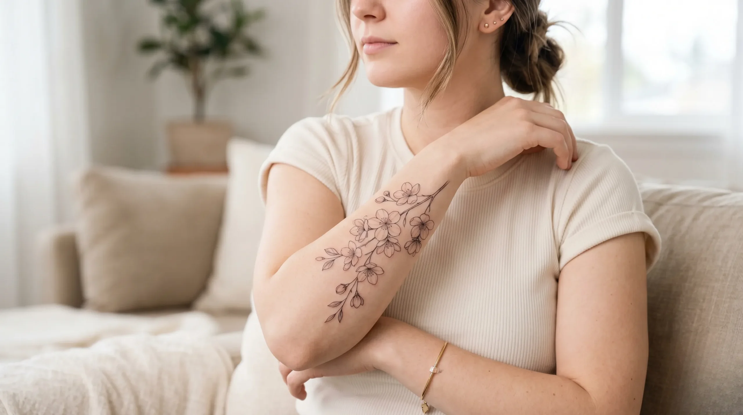 Tatouage de fleurs de cerisier aux traits fins dans une ambiance pure et douce. Tatouage fleurs de cerisier