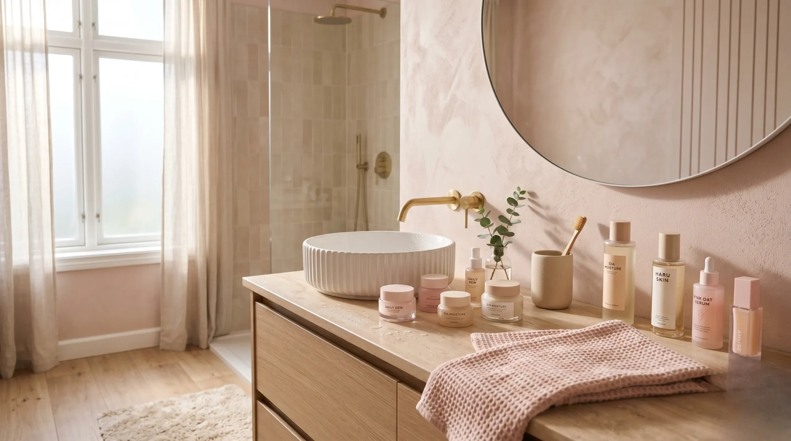 Produits Yepoda dans un décor de salle de bain minimaliste aux tons pastel. Yepoda avis dermatologue