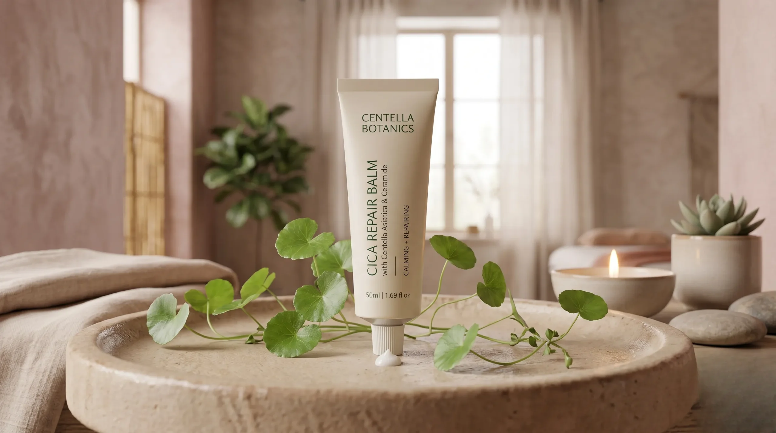 Crème cicatrisante présentée dans un cadre naturel et minimaliste.