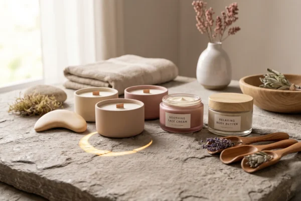 Coffret de soins bien-être disposé dans un espace spa épuré.